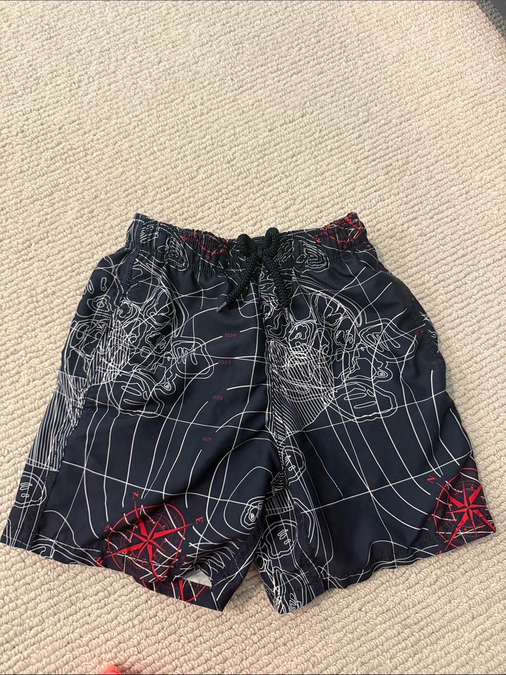 Boys Navy Vilebrequin Graphic Swim Shorts w Red Compass Accents - size 8 youth